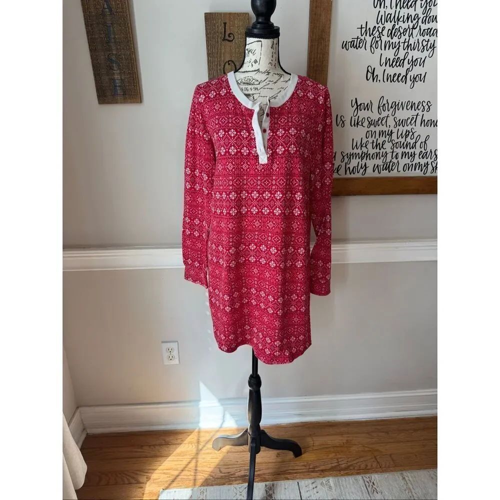 Laura Ashley Women's Fair Isle Long Sleeve Henley Nightgown Red White Size Large
